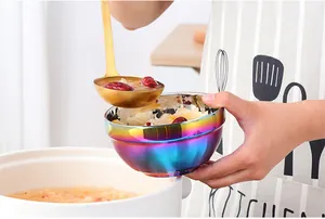 Close-up of double-layered insulated stainless steel bowl with iridescent rainbow finish