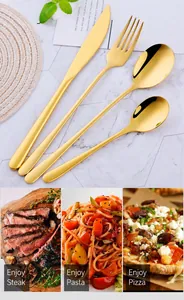 Detail of gold-plated 304 stainless steel cutlery set including knife, fork, and spoons