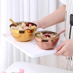 Double-wall insulated 304 stainless steel bowls in gold and rose gold with spoons