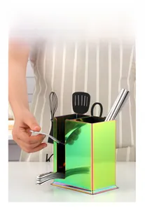 Detail view of rainbow-plated stainless steel double-grid cutlery holder for kitchen use