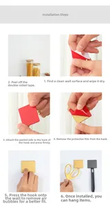 Step-by-step installation guide for golden adhesive wall hook on ceramic tile