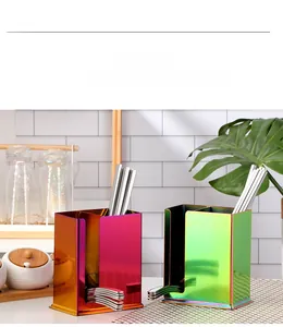 Detail view of rainbow stainless steel kitchen utensil holder with side openings
