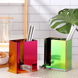 Rainbow stainless steel utensil holder with dual compartments for kitchen cutlery