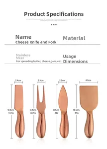 Detailed size chart of rose gold stainless steel 4-piece cheese knife and fork set
