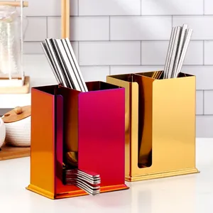 Dual-compartment stainless steel cutlery holder in gold and iridescent rainbow finish