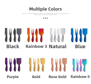 Detail view of 4-piece stainless steel cheese knife set in various color options