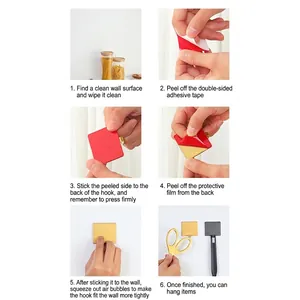 Self-adhesive stainless steel wall hooks with installation guide steps for home use