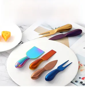 Detailed close-up of a 5-piece stainless steel cheese knife set in vibrant metallic colors