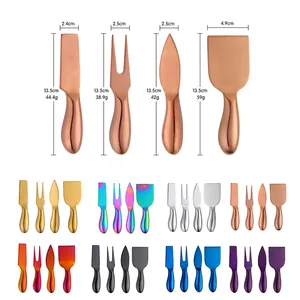 Stainless steel cheese knife set with dimensions in eight various metallic colors