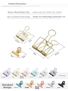 Detailed size chart for various colorful metal binder clips in hollow and solid designs