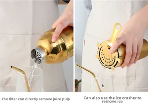 Gold cocktail shaker set filtering juice and ice with built-in and Hawthorne strainer