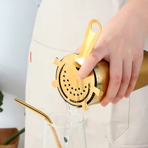 Golden stainless steel cocktail shaker set with hawthorne strainer and metal straw
