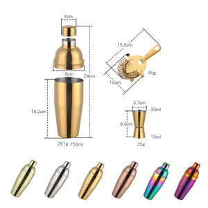 750ml gold stainless steel cocktail shaker set with strainer and double jigger tools