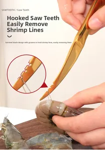 Macro detail of golden stainless steel shrimp peeler with sawtooth edge on wood board