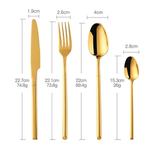 Size chart for golden stainless steel cutlery set showing knife fork and spoons dimensions
