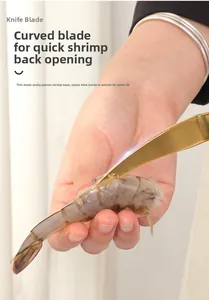Action shot showing curved stainless steel tool cutting through shrimp back for deveining