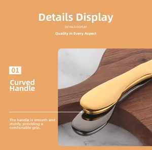 Detail of thickened arc handle on polished stainless steel shrimp peeler tool
