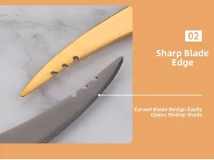 Detail view of curved serrated stainless steel blades for peeling shrimp shells effortlessly