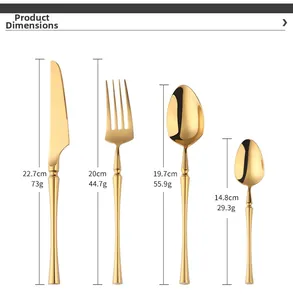 Detailed size chart for 304 stainless steel gold cutlery set with weight and dimensions