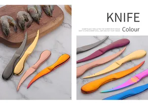 Close-up of colorful stainless steel shrimp cleaners with ergonomic handles and serrated blades