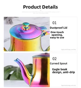 Detail of rainbow stainless steel oil dispenser with dustproof lid and drip-proof spout
