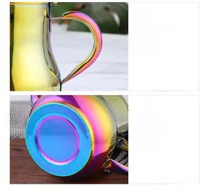 Detail of rainbow stainless steel oil pot showing non-slip bottom and ergonomic handle