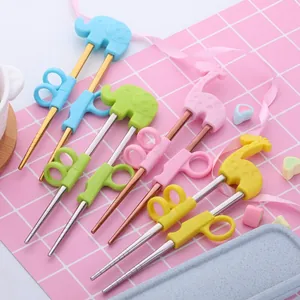 Kinder Lernstäbchen 304 Edelstahl Silikonringe Cartoon Elefant Giraffe Tierischer Helfer Für Kleinkinder