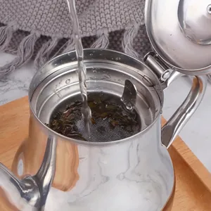 500ml polished stainless steel tea kettle with strainer on a wooden tray