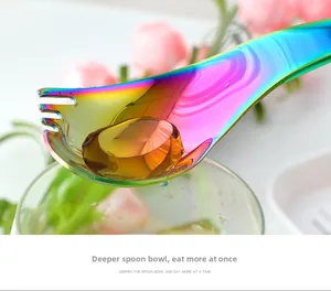 Macro shot of rainbow-plated stainless steel 2-in-1 spork with deep bowl design