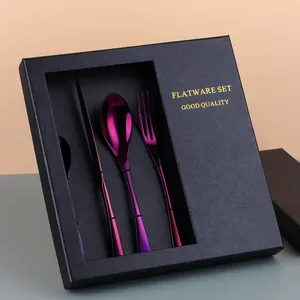 Purple stainless steel flatware set in a luxury black gift box with gold lettering