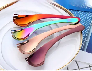 Polished stainless steel 2-in-1 sporks in rainbow, gold, rose gold and purple finishes