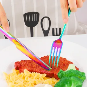 Modern rainbow stainless steel cutlery set with knife and fork for luxury dining