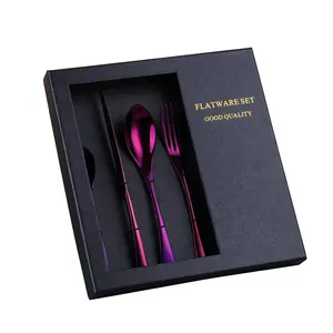 Flatware set featuring iridescent purple stainless steel cutlery in a black luxury gift box