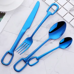 Detail of blue mirror-polished 304 stainless steel cutlery set with ring handle ends