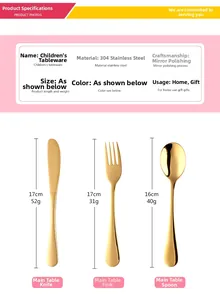 Size chart for 304 stainless steel kids cutlery set including knife, fork and spoon