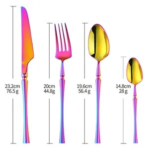 Modern rainbow stainless steel cutlery set with knife fork and spoons on white background