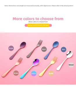 Detail of 304 stainless steel kids cutlery set showing seven vibrant color variants