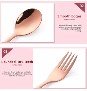 Detailed macro view of smooth rose gold stainless steel spoon and fork edges