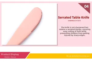 Detail of rose gold stainless steel serrated dinner knife with safe rounded tip for kids
