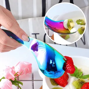 Rainbow stainless steel 2-in-1 spork spoon for fruit and dessert with ergonomic handle