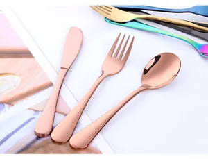 Detailed view of rose gold stainless steel spoon, fork and knife cutlery set for children