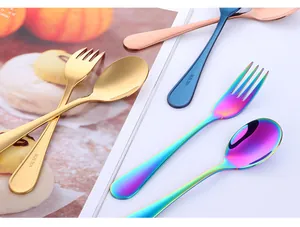Detailed macro view of SUS 304 stainless steel spoons and forks in vibrant metallic colors