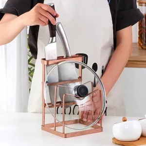 Rose gold stainless steel knife holder and pot lid rack for kitchen counter organization