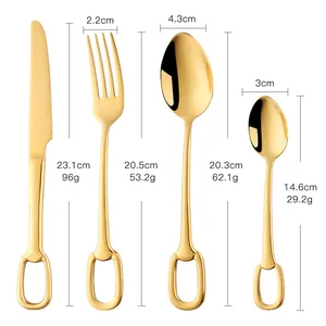 Golden 304 stainless steel cutlery set with ring handle design including knife fork and spoons