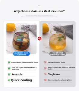 Comparison showing reusable gold and rainbow stainless steel ice cubes vs regular ice