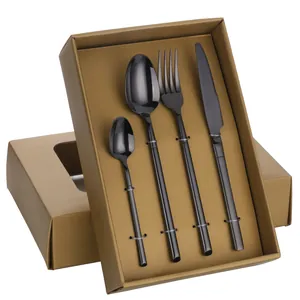 Détail d'un ensemble de couverts 4 pièces en inox noir mat dans sa boîte cadeau