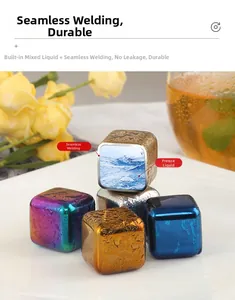 Detail of seamless welding and freezing liquid in colorful stainless steel ice cubes