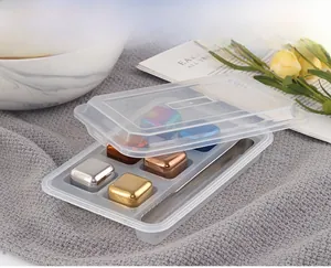 Detailed set of colorful 304 stainless steel whiskey stones with box and ice tongs