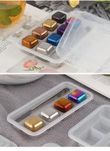 Detail view of colorful 304 stainless steel whiskey stones set in a transparent storage box