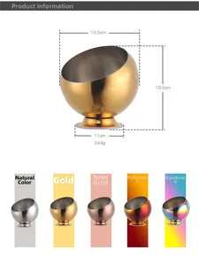 Detailed size specifications of stainless steel spherical bowl with five color variants